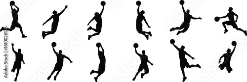Silhouettes of basketball players in action, jumping and dunking, isolated poses with ball, sports motion, white background vector