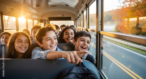 Group of diverse school children riding a school bus, laughing and pointing out the window at the autumn landscape during a sunny day.