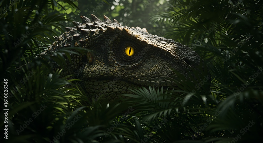 Obraz premium A Mapusaurus dinosaur head with a yellow eye surrounded by green foliage in a jungle like environment view