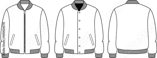 Bomber jacket flat sketch, varsity jacket vector template, front and back view, fashion technical drawing, outerwear unisex design mockup