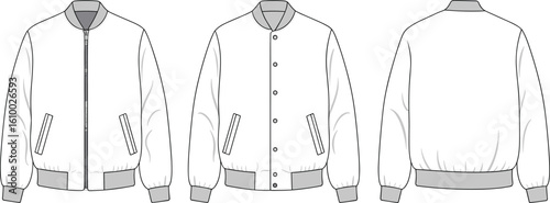 Bomber jacket flat sketch, varsity jacket fashion template, technical drawing outerwear, front and back view, unisex zip and button styles