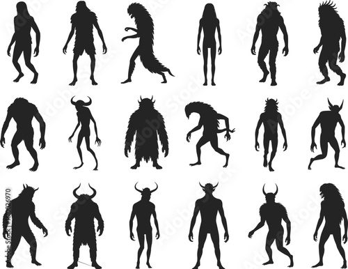Silhouettes of creepy monster creatures, fantasy horror beasts collection, humanoid shadow figures, demon, alien, werewolf, vector set