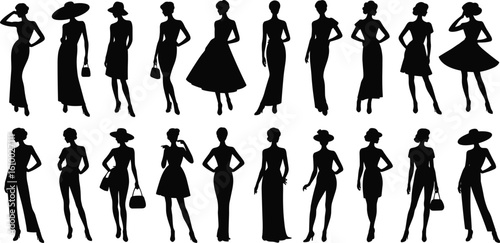 Silhouettes of elegant women wearing fashionable dresses and hats, posing stylishly, high fashion, glamour, vintage, modern style, beauty, confidence