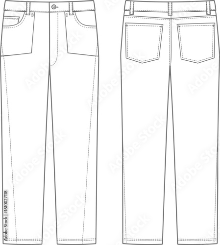 Flat technical sketch of classic straight leg jeans with five pockets, waistband, back yoke, front fly, front and back view