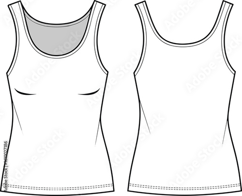 Flat technical vector illustration of women’s tank top with scoop neck, sleeveless design, fitted silhouette, front and back fashion view
