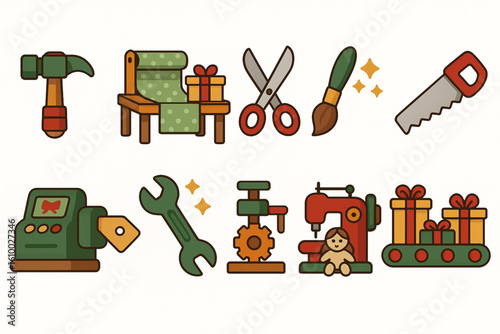 Elf Workshop Tool Icons, Flat Design Christmas Craft Set