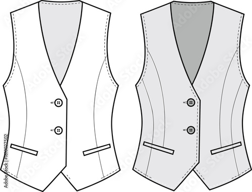 Flat vector waistcoat front and back, fashion design template, men’s sleeveless vest sketch, tailored formalwear technical illustration