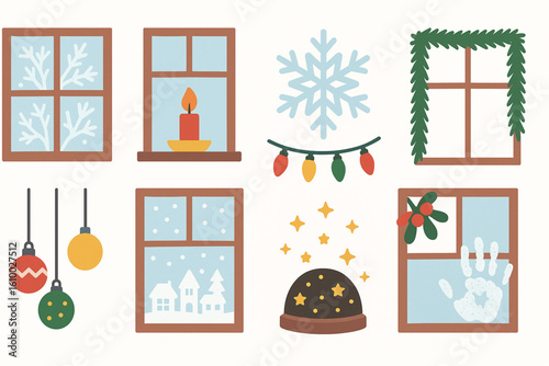 Christmas Window Decoration Icons, Flat Design Holiday Set