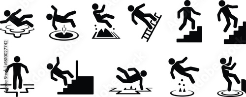Slipping and falling icons, hazard warnings, accident prevention, wet floor signs, safety alerts, trip hazards, stair fall, danger symbols