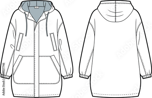 Hooded longline parka jacket flat sketch, front and back view, drawstring hood, kangaroo pocket, casual outerwear technical vector drawing