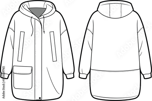 Hooded parka coat flat sketch, front and back view, oversized jacket template, fashion illustration, winter outerwear design vector