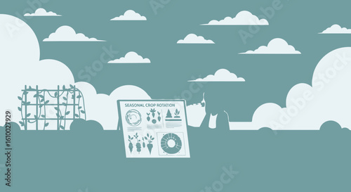 Illustrated infographic showcasing seasonal crop rotation amid idyllic clouds and a climbing plant