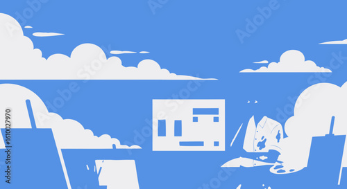 Abstract cloudscape with artistic elements and architectural silhouettes vector illustration