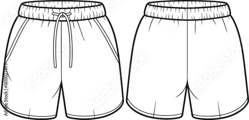 Men’s drawstring shorts flat sketch, front and back view, casual wear vector, fashion technical drawing, clothing design template, CAD