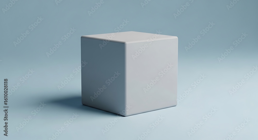 Fototapeta premium Minimalistic grey cube object on a pastel blue background in studio light scene