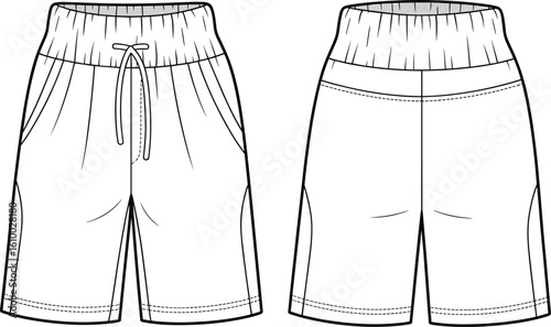 Men’s knee length shorts flat sketch, front and back view, drawstring waist, fashion CAD template, activewear design vector