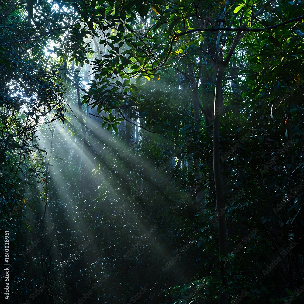Obraz premium Sunlight Filtering Through a Dense Forest Canopy Creating a Magical Atmosphere and Highlighting Verdant Green Foliage