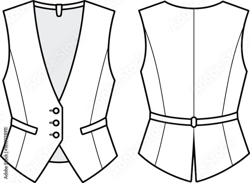 Women’s tailored vest flat sketch vector, front and back view, buttoned waistcoat with belt detail, fashion apparel technical drawing