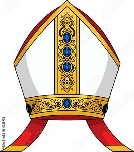 Ornate Bishop Mitre Vector with Blue Gemstones and Red Fabric Tails