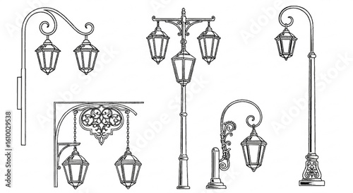 a close up of a group of street lights on a white background, Poles, lampposts, Street lamps, street lamps, street lanterns, street lighting, Street lighting, Street lighting, large beautiful street l