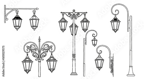 a close up of a group of street lights on a white background, Poles, lampposts, Street lamps, street lamps, street lanterns, street lighting, Street lighting, Street lighting, large beautiful street l