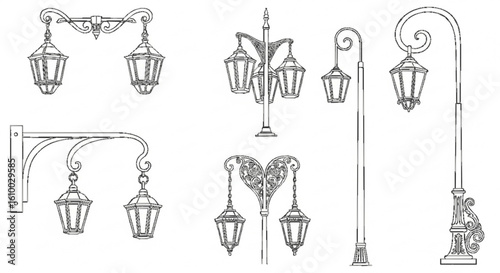 a close up of a group of street lights on a white background, Poles, lampposts, Street lamps, street lamps, street lanterns, street lighting, Street lighting, Street lighting, large beautiful street l