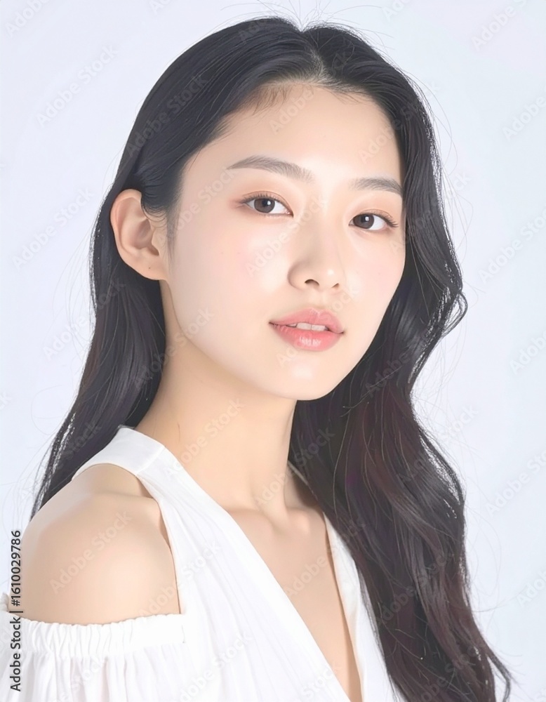 日本人, 超リアル, 美しい若い女性, 長い黒髪, 自然なメイク, 白いキャミソール, 肌が輝く, 顔に手を添えている, クローズアップ, 柔らかなライティング, 美容広告風, スタジオ背景(白), 高解像度 Japanese, ultra-realistic, beautiful young woman, long black hair, natural makeup 日本人, 超リアル, 美しい若い女性, 長い黒髪, 自然なメイク, 白いキャミソール, 肌が輝く, 顔に手を添えている, クローズアップ, 柔らかなライティング, 美容広告風, スタジオ背景(白), 高解像度 Japanese, ultra-realistic, beautiful young woman, long black hair, natural makeup
