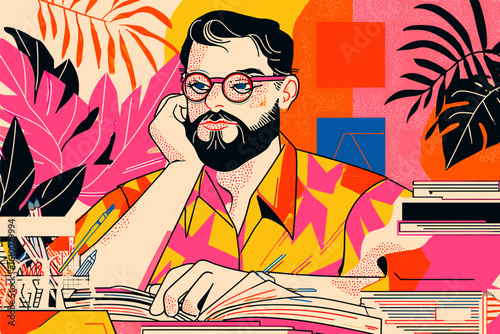 Designer. Stylish bearded man reading at colorful desk surrounded by abstract elements and plants. Modern pop art vector perfect for creative learning or freelance concepts.


