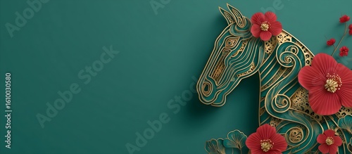 Happy new year 2026 the horse zodiac sign with flower, lantern, Asian elements on Green background. Elegant golden horse silhouette paper-cut style on green background for Happy Chinese new year 2026