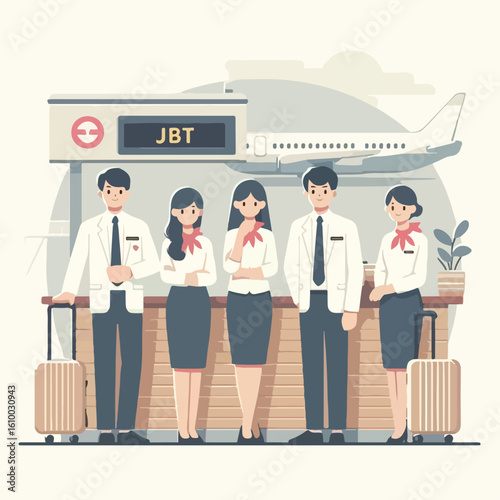 Image of a flight attendant standing near the boarding gate with a simple and minimalist flat design using a white background
