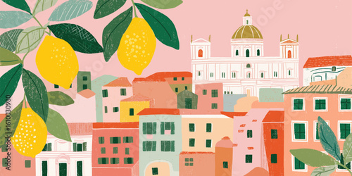 Rome Italy: Colorful vector illustration of a Roman cityscape. Buildings, architecture, travel, tourism, european landmarks. Italian charm, vibrant, scenic view.

