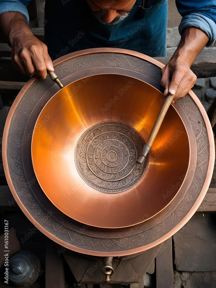 Obraz premium coppersmith working with decoration pattern on copper cauldron, coppersmith, who works in traditional handicrafts, shot from above