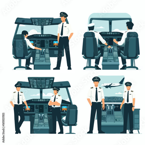 image of pilot and co-pilot preparing to enter the cockpit with a simple and minimalist flat design using a white background