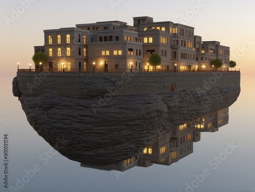 Elevated view of futuristic floating island, city background Sunset colors reflect on tranquil waters - hour island city colors architecture