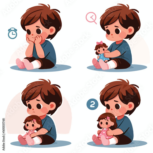 image of a small child waiting while holding a doll with a simple and minimalist flat design using a white background