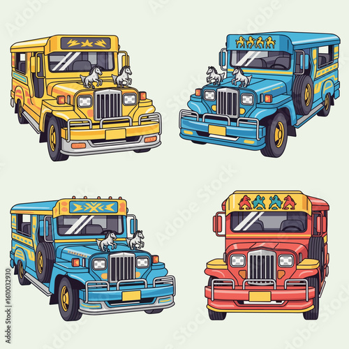 Colorful Filipino Jeepneys Pixel Art Transportation Icons Collection