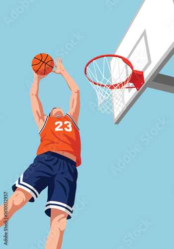 Athlete attempts slam dunk with basketball during game in bright sky