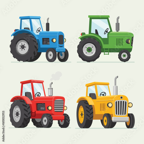Four Colorful Vintage Tractors Ready for Farm Work Adventures