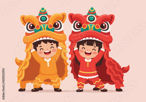 Two cheerful children performing a traditional lion dance together celebrating