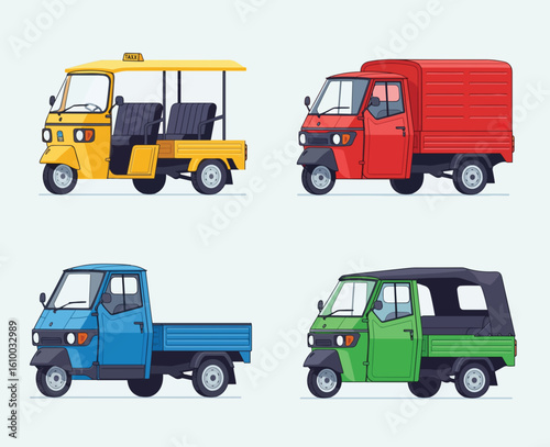 Colorful Three Wheeled Auto Rickshaw Vehicles For Transportation And Delivery Services