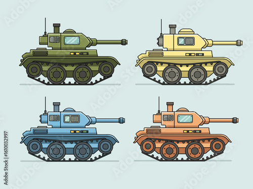 Four Distinctly Colored Pixel Art Tanks on a Light Blue Background