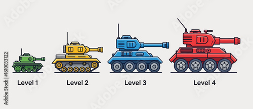 Four Pixel Art Tanks Showcasing Progressive Levels of Power