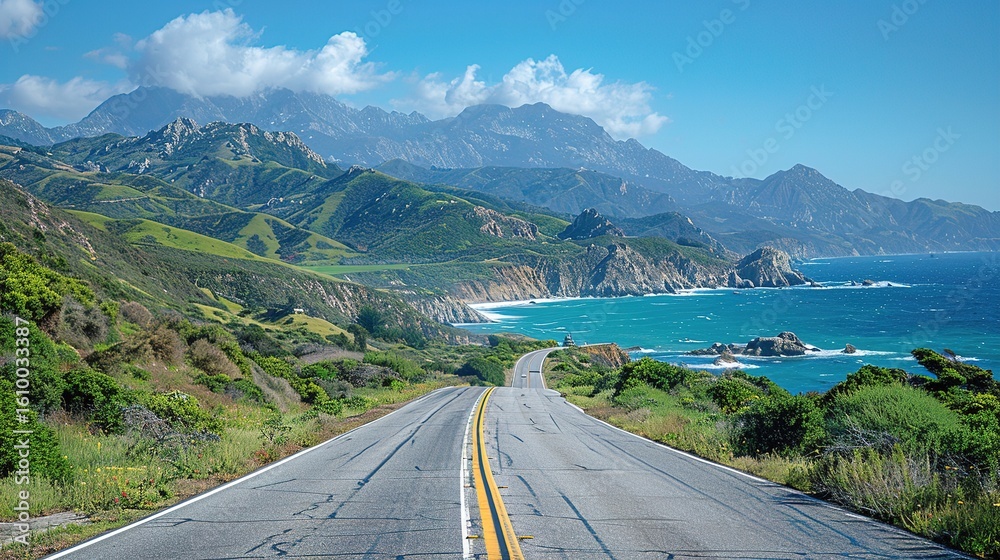 Obraz premium Coastal Winding Mountain Roads: Where Turquoise Waves Meet Rugged Peaks, a Journey of Twists, Views, and Timeless Adventure