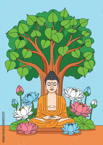 Meditating Buddha under Bodhi Tree surrounded by blooming lotus flowers peaceful enlightenment spiritual awakening serene contemplation