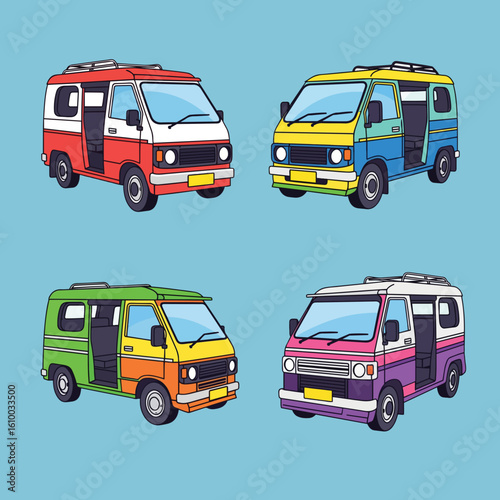 Four Colorful Mini Vans with Sliding Doors Parked Side by Side Against Blue Background