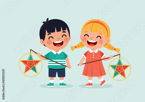 Children celebrate festival holding traditional star lanterns smiling happily