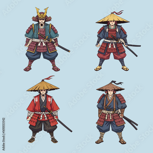 Collection of Four Diverse Pixel Art Samurai Warriors in Traditional Armor