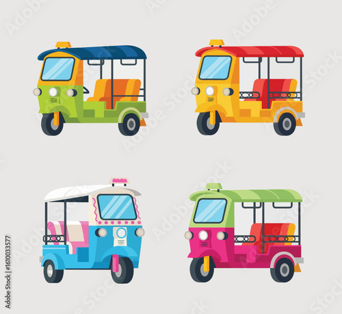 Four Colorful Thai Tuk Tuk Auto Rickshaws in Vibrant Shades