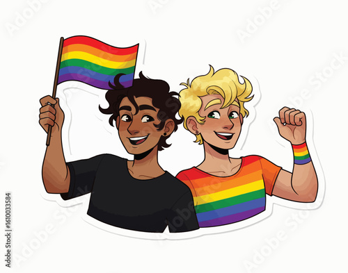 Two happy people celebrating pride with a rainbow flag and armband