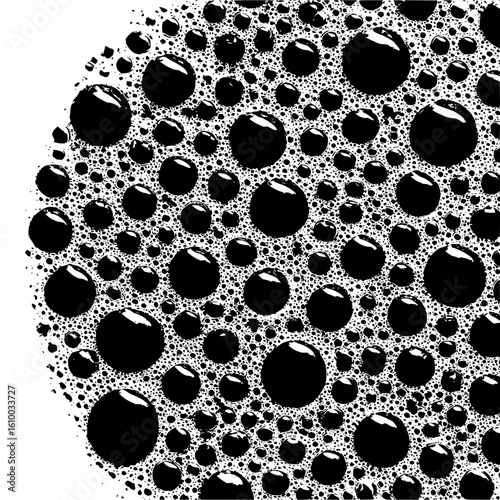 A dense arrangement of black circles varying in size surrounded by a white foamy texture pattern